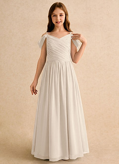 Azazie Chelo Girls Formal Robe Demoiselle D'honneur Fillette Robe Trapèze en Mousseline de soie Plissé Albâtre Blanc image5