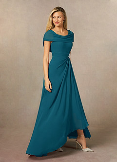 Azazie Mary Vestidos para mãe da noiva Vestido Tinta Azul de Chiffon de Linha A com Fenda Lateral image4