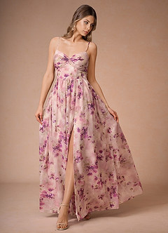 Lumi Mauve Floral A-Line V-Neck Pleated Chiffon Dress image4