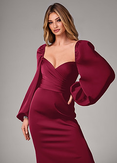 Azazie Sonata Vestidos de damas de honor Vestido de Borgoña de Satén Elástico de Corte Recto Convertible con Manga larga image6
