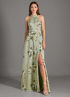 Azazie Clarice Bridesmaid Dresses Floral Vines A-Line High Neck Stretch Satin Dress image2