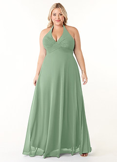 Azazie Tessie At-home Try On Dresses Matcha A-Line V-Neck Pleated Chiffon Dress image6
