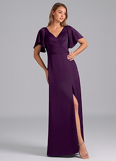 Azazie Ambrosia Bridesmaid Dresses Grape A-Line Pleated Stretch Satin Dress image4