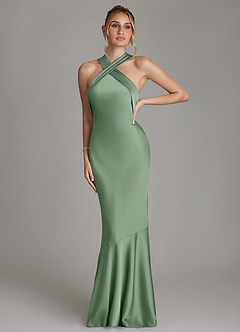 Azazie Reign Brudtärnklänningar Klä av Sjöjungfru i Stretch Satin Plisserad Matcha image4