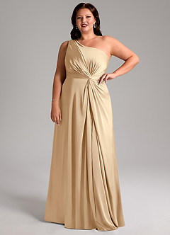 Azazie Brooke Bridesmaid Dresses Champagne A-Line One Shoulder Stretch Satin Dress image12