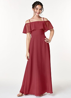 Azazie Maggie Junior Pomegranate A-Line Off the Shoulder Chiffon Dress image3