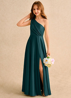 Azazie Puddles Girls Formal Robe Demoiselle D'honneur Fillette Robe Trapèze en Satin extensible Une épaule Vert Pin image3