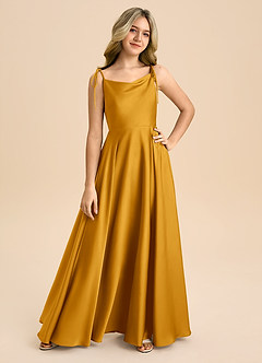 Azazie Popsy Junior Butterscotch A-Line Bow Stretch Satin Dress image8