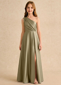 Azazie Puddles Girls Formal Flower Girl Dresses Moss Green A-Line One Shoulder Stretch Satin Dress image6