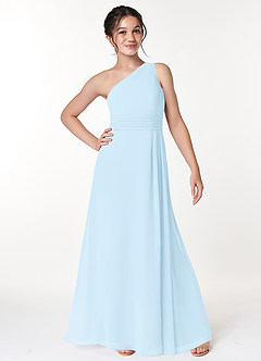 Azazie Cleo Junior Abito A-Line in Chiffon Plissettato Azzurro image4