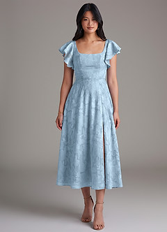 Azazie Bondi Bridesmaid Dresses Sky Blue A-Line Ruched Floral Burnout Dress image4
