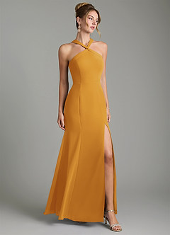 Azazie Rue Bridesmaid Dresses Butterscotch A-Line Halter Chiffon Dress image1