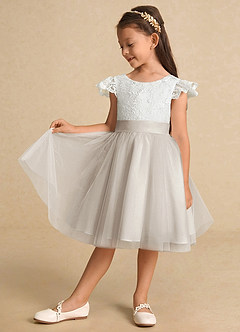Azazie Vetty Flower Girl Dresses Ivory Frost A-Line Lace Tulle Dress image4