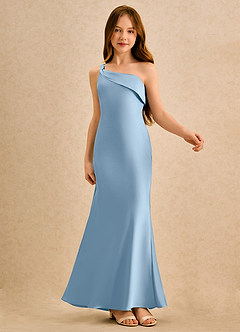 Azazie Almond Girls Formal Jurken voor bloemenmeisjes Kokerjurk Jurk van Stretch Satijn One-shoulder Poederblauw image6