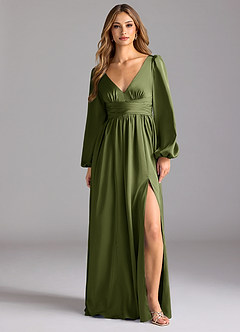 Azazie Norah Bridesmaid Dresses Olive A-Line Stretch Satin Dress image1