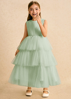 Azazie Marshmallow Blumenmädchenkleider Ballkleid Schleifen Tüll Kleid Staubiger Salbeigrün image5
