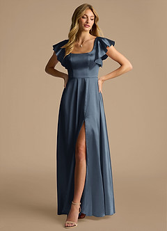 Azazie Bondi Bridesmaid Dresses Dark Navy A-Line Bow Metallic Satin Dress image4