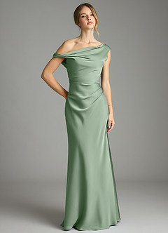 Azazie Emerson Bridesmaid Dresses Matcha Mermaid Off the Shoulder Stretch Satin Dress image1