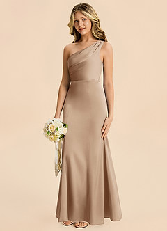 Azazie Ren Junior Taupe A-Line Pleated Stretch Satin Dress image2