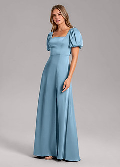 Azazie Fyona Bridesmaid Dresses Steel Blue A-Line Pleated Stretch Satin Dress image4