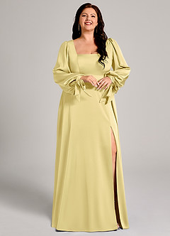 Azazie Leonia Vestidos de damas de honor Vestido de Sorbete De Limón de Satén Elástico de Corte en A con Manga larga image12