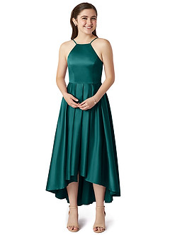 Azazie Jemima Junior A-Linie mit Taschen Stretch-Satin Kleid Pfau image4