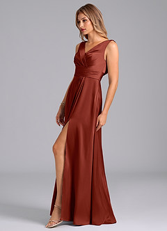 Azazie Karina Robes de demoiselle d'honneur Robe Trapèze en Satin extensible Plissée Terracotta image3