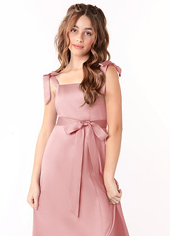 Azazie Barbara Junior Powder Pink A-Line Bow Stretch Satin Dress image5