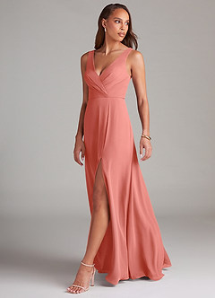 Azazie Nelly Bridesmaid Dresses Salmon Pink A-Line Pleated Chiffon Dress image4