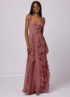 Barbie ♥ Azazie Robes de demoiselle d'honneur Robe Trapèze en Mousseline de soie avec poches Rose Du Désert image3