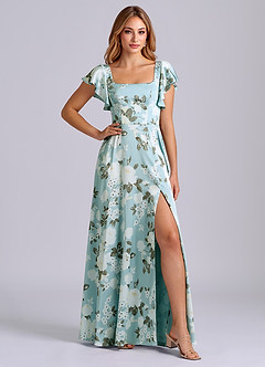 Azazie Bondi Bridesmaid Dresses Misty Floral Garden A-Line Bow Stretch Satin Dress image4