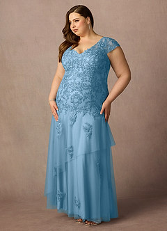Azazie Romy Mother of the Bride Dresses Steel Blue Mermaid V-Neck Sequins Tulle Dress image9