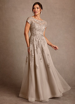 Azazie Jalinda Mother of the Bride Dresses Taupe A-Line Lace Chiffon Dress image1