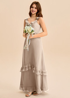 Azazie Tavie Junior Taupe A-Line Ruched Chiffon Dress image4
