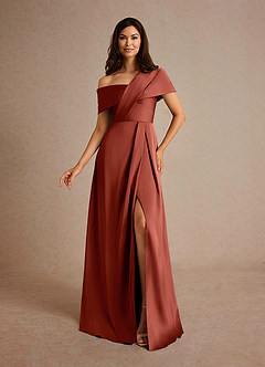 Azazie Milton Mother of the Bride Dresses Terracotta A-Line Pleated Stretch Satin Dress image1