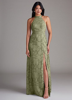 Azazie Clarice Bridesmaid Dresses Pistachio A-Line Side Slit Floral Burnout Dress image4