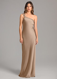 Azazie Monroe Bridesmaid Dresses Taupe Mermaid One Shoulder Stretch Satin Dress image4