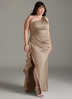 Azazie Latrice Brautjungfernkleider Etui Kaskadierende Rüschen an einer Schulter Stretch-Satin Kleid Taupe image9