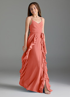 Azazie Peyton Junior Salmon Pink A-Line V-Neck Cascading Ruffles Chiffon Dress image3
