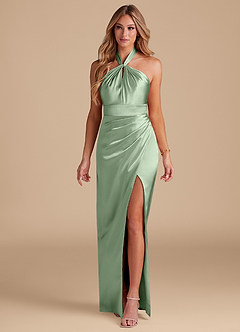 Azazie Zaya Bridesmaid Dresses Matcha Sheath Pleated Metallic Satin Dress image3