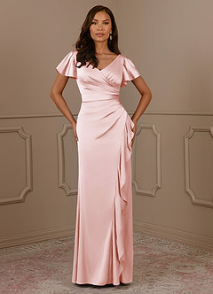 Azazie Roya Mother of the Bride Dresses Blushing Pink Mermaid V-Neck Pleated Stretch Satin Dress image2
