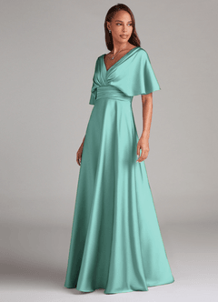 Azazie Pamela Robes de demoiselle d'honneur Robe Trapèze en Satin extensible Plissée Aqua image3