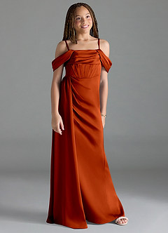 Azazie Amyra Junior Jurk van Stretch Satijn met Kolom Off the Shoulder Verbrande Sinaasappel image3