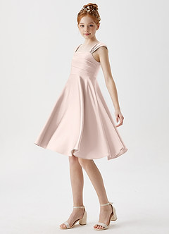 Azazie Amira Junior Blushing Pink A-Line Pleated Stretch Satin Dress image4