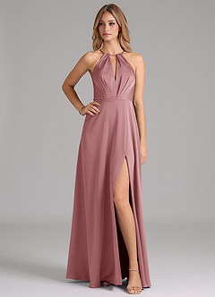 Azazie Evalleen Robes de demoiselle d'honneur Robe Trapèze en Satin extensible Plissée Rose Poussiéreuse image1