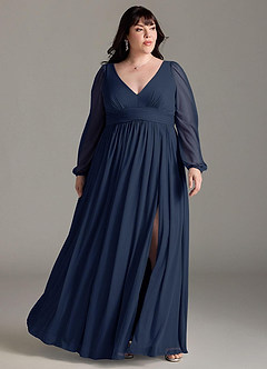 Azazie Norah Bridesmaid Dresses Dark Navy A-Line V-Neck Long Sleeve Chiffon Dress image6