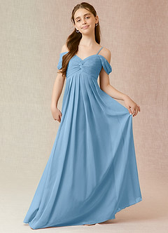 Azazie Kaitlynn Junior Vestido de Azul Acero de Gasa de Corte En A con Vestidos sin tirantes image4