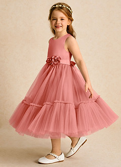 Azazie Miracle vestidos de niña de las flores Vestido Rosa Salmón de Satin Mate de Línea A con Lazo image3