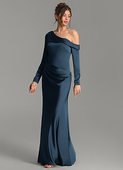 Azazie Sandra Bridesmaid Dresses Dark Navy Mermaid Long Sleeve Stretch Satin Dress image4