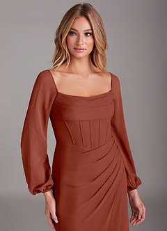 Azazie Charissa Bridesmaid Dresses Auburn Sheath Long Sleeve Chiffon Dress image7